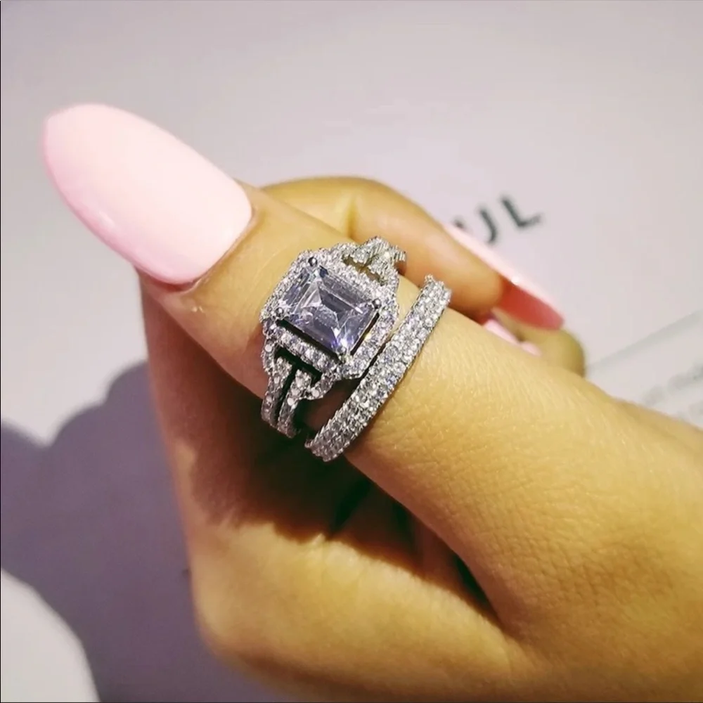 New 925 Silver 2pc Set Diamond Wedding Ring